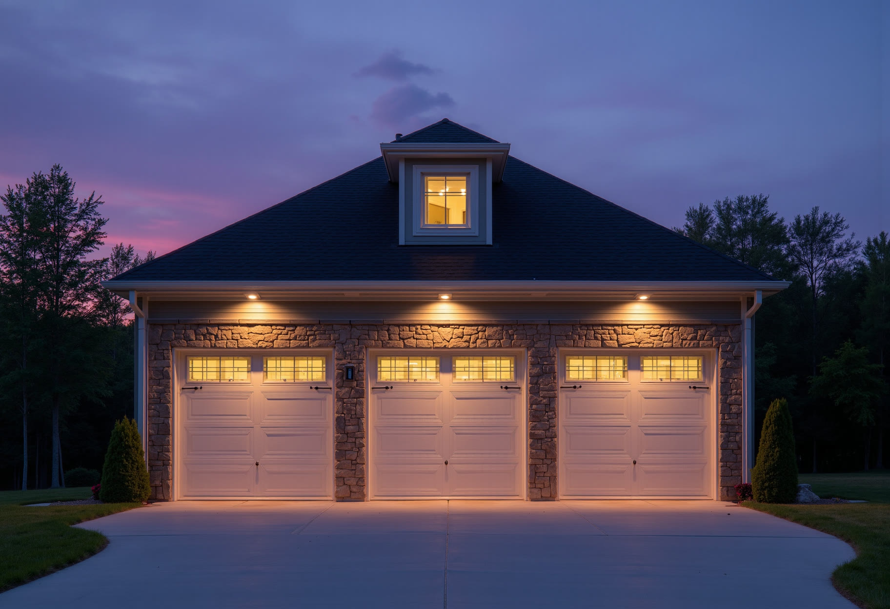 Three-car elevation at dusk